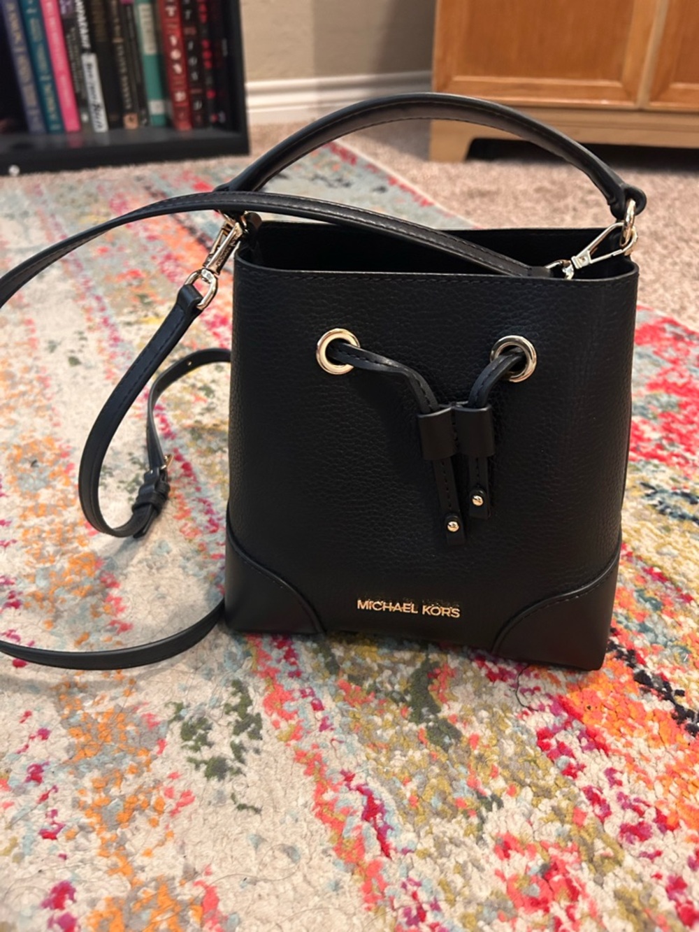 Michael Kors Small Black Pebbled Leather Drawstring Bucket Bag
